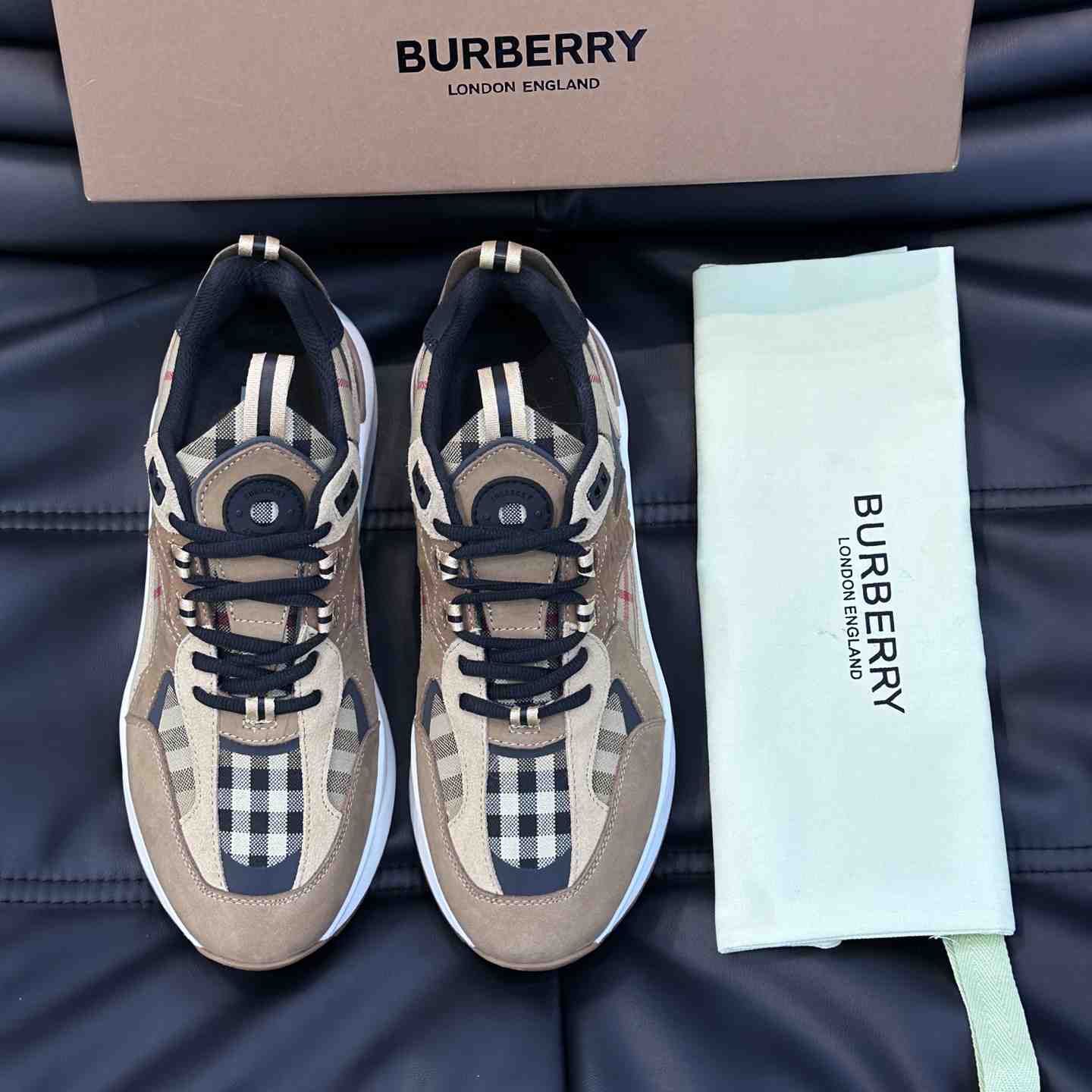 Burberry Beige Leather And Check Print Trainer - FashionPlug