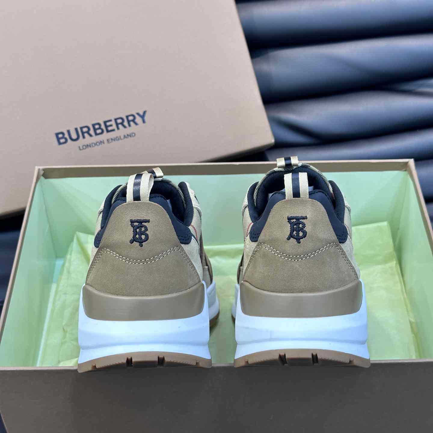 Burberry Beige Leather And Check Print Trainer - FashionPlug
