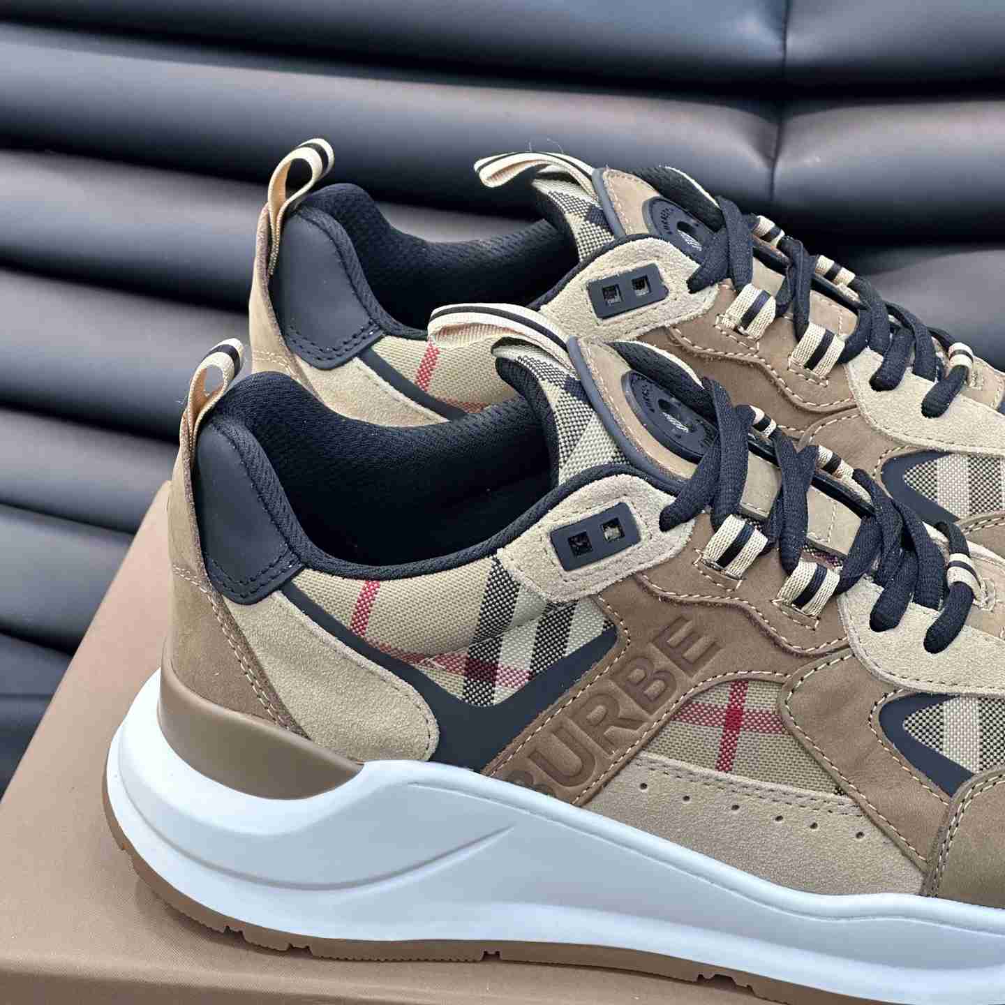 Burberry Beige Leather And Check Print Trainer - FashionPlug