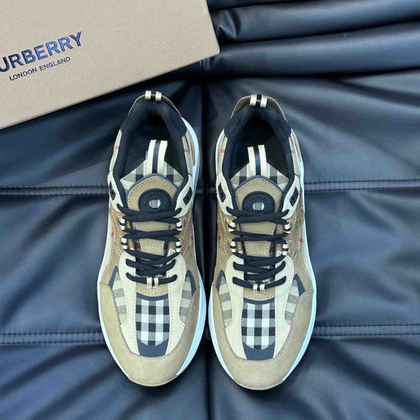 Burberry Beige Leather And Check Print Trainer - FashionPlug