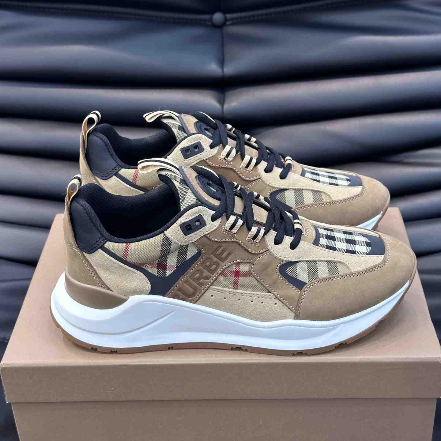 Burberry Beige Leather And Check Print Trainer - FashionPlug