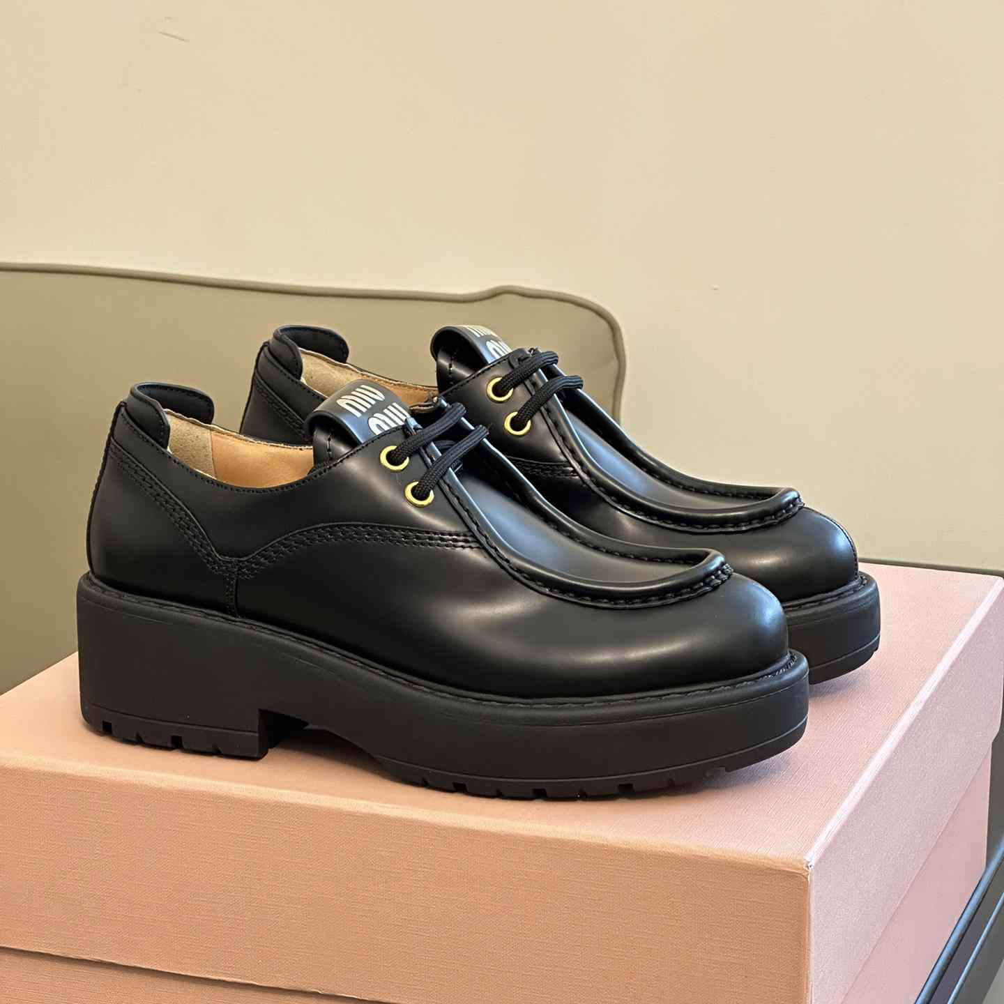 Miu Miu Leather Lace-up Shoes - FashionPlug