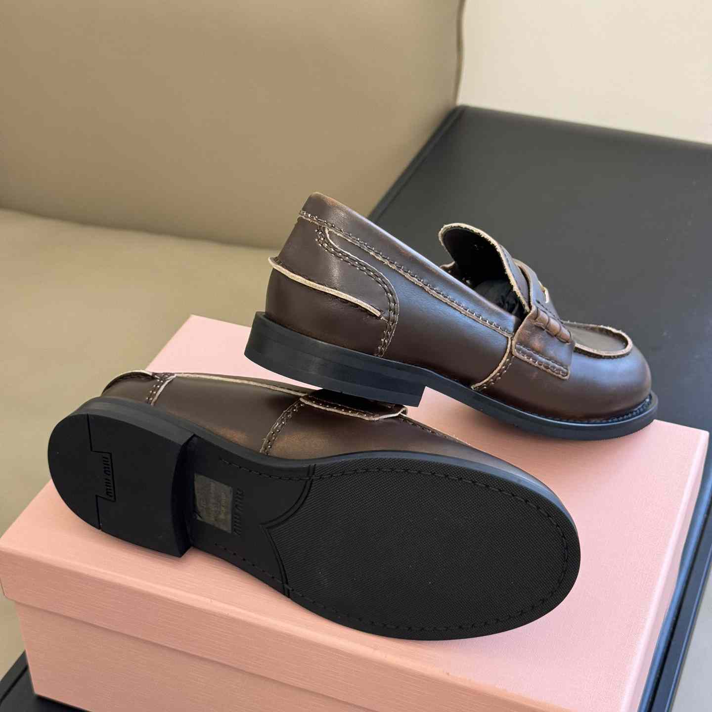 Miu Miu Vintage-effect Leather Penny Loafers - FashionPlug