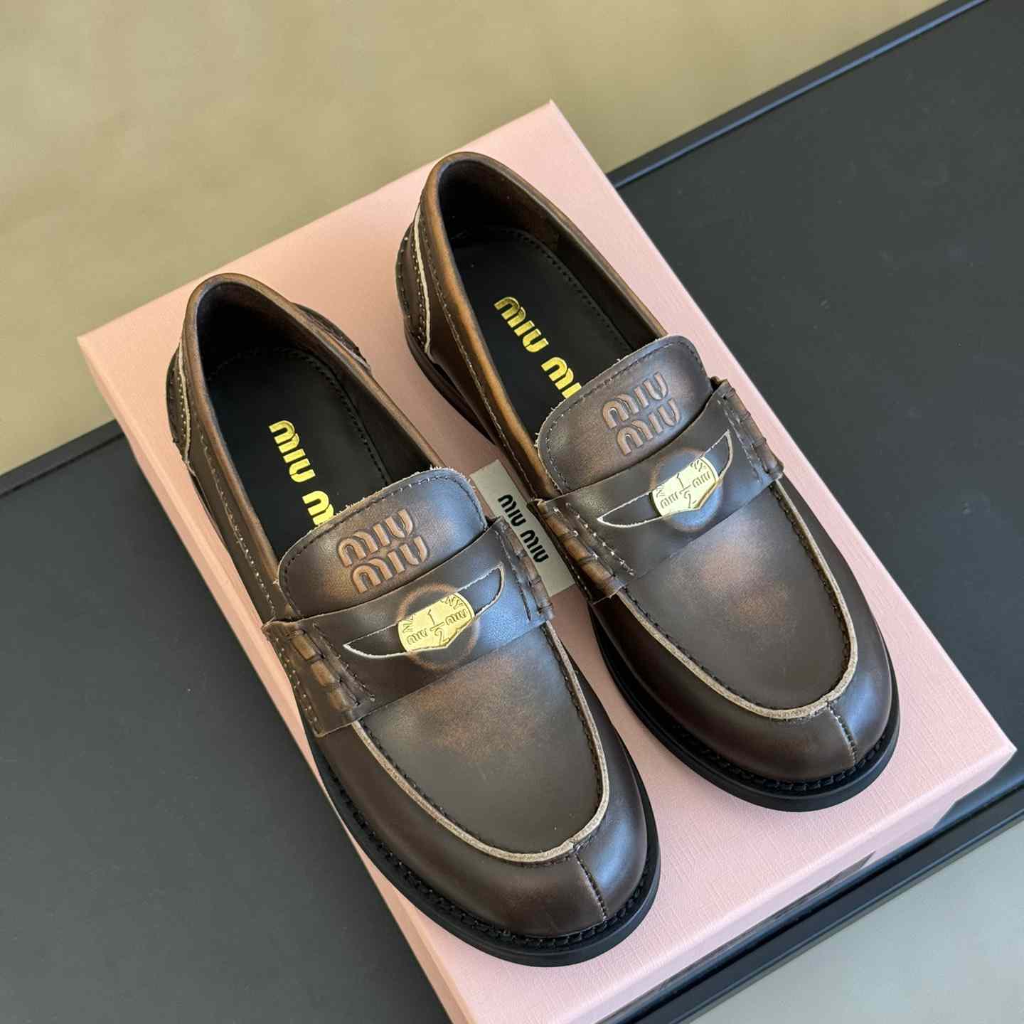 Miu Miu Vintage-effect Leather Penny Loafers - FashionPlug