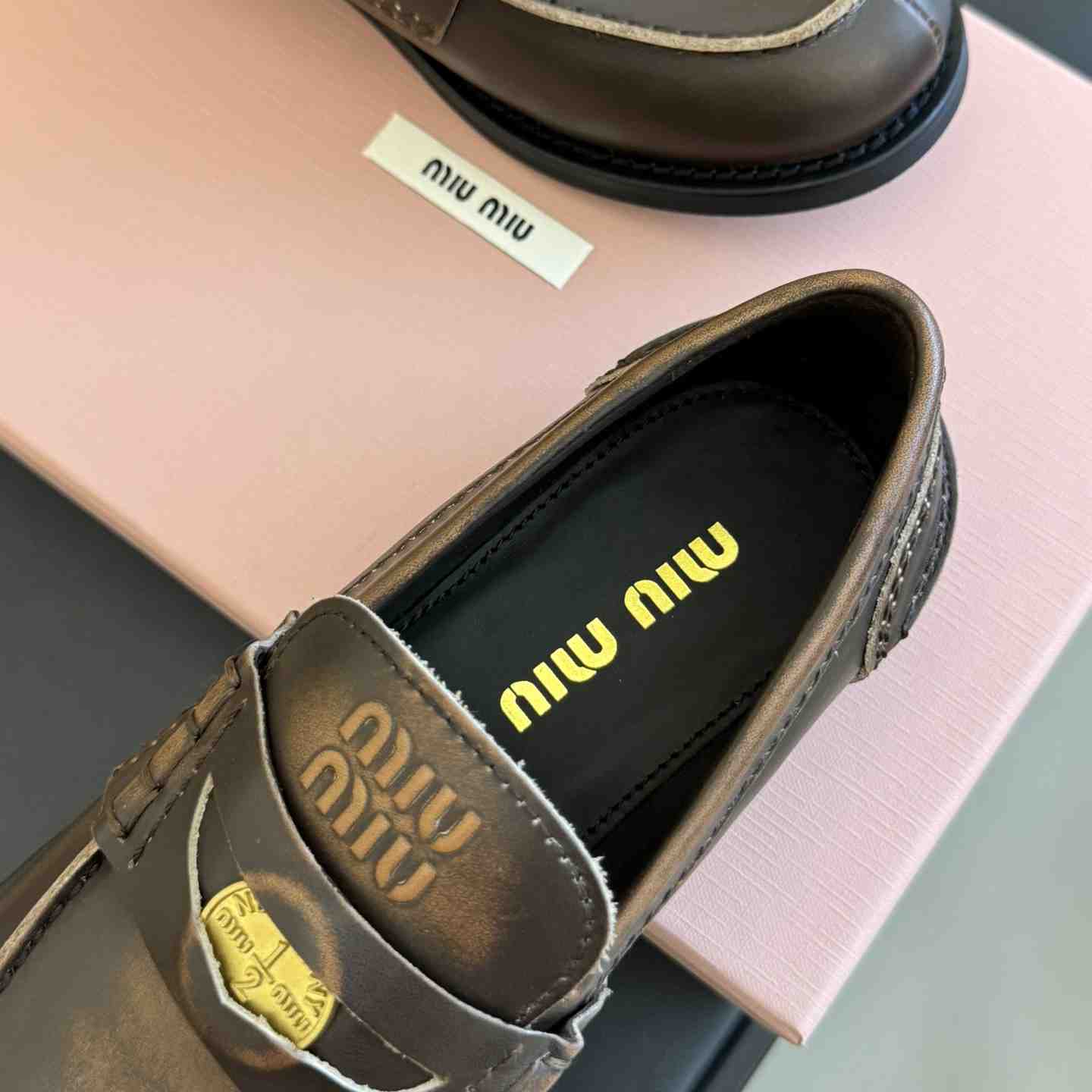 Miu Miu Vintage-effect Leather Penny Loafers - FashionPlug