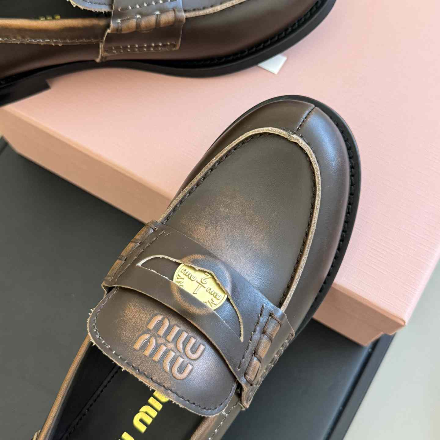 Miu Miu Vintage-effect Leather Penny Loafers - FashionPlug