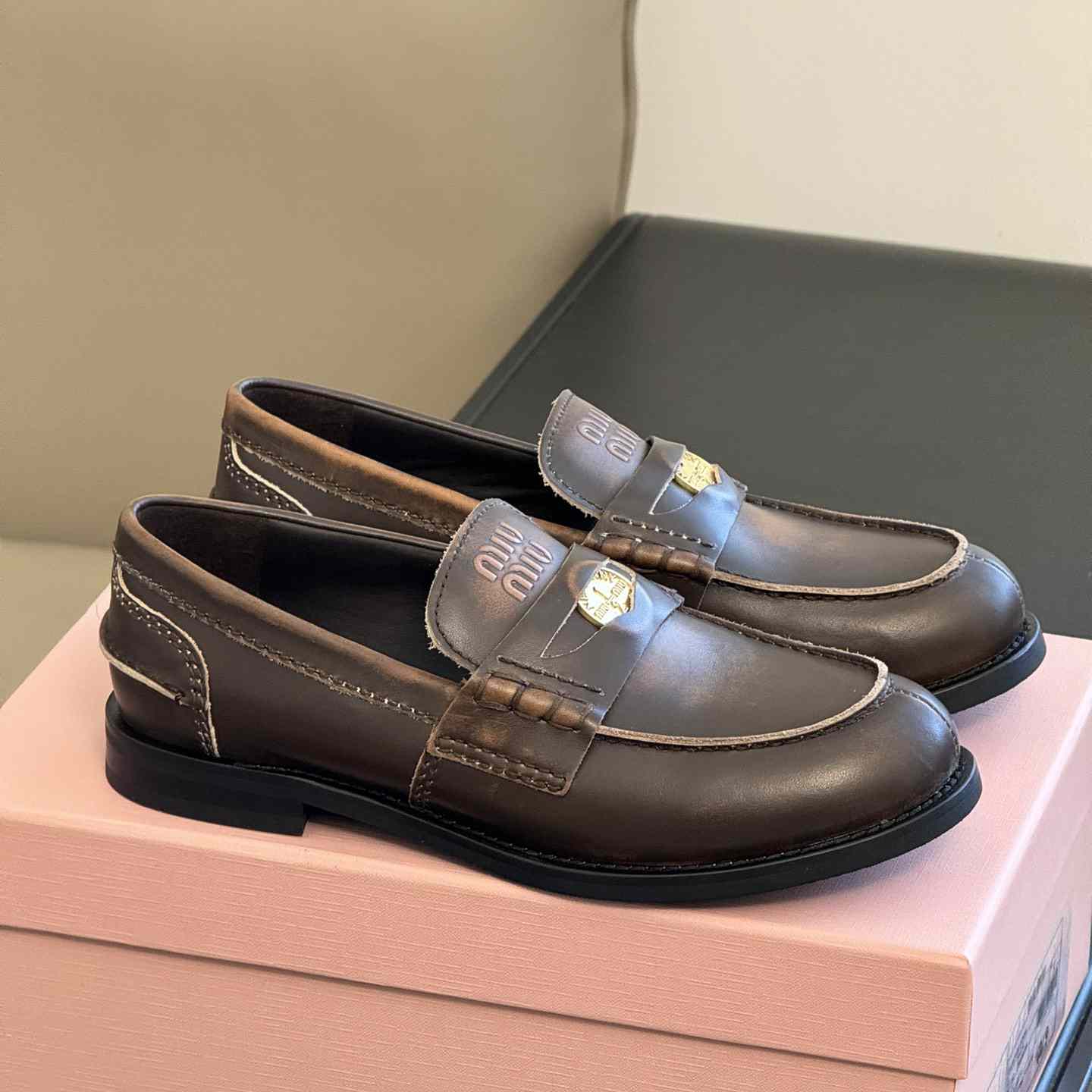 Miu Miu Vintage-effect Leather Penny Loafers - FashionPlug