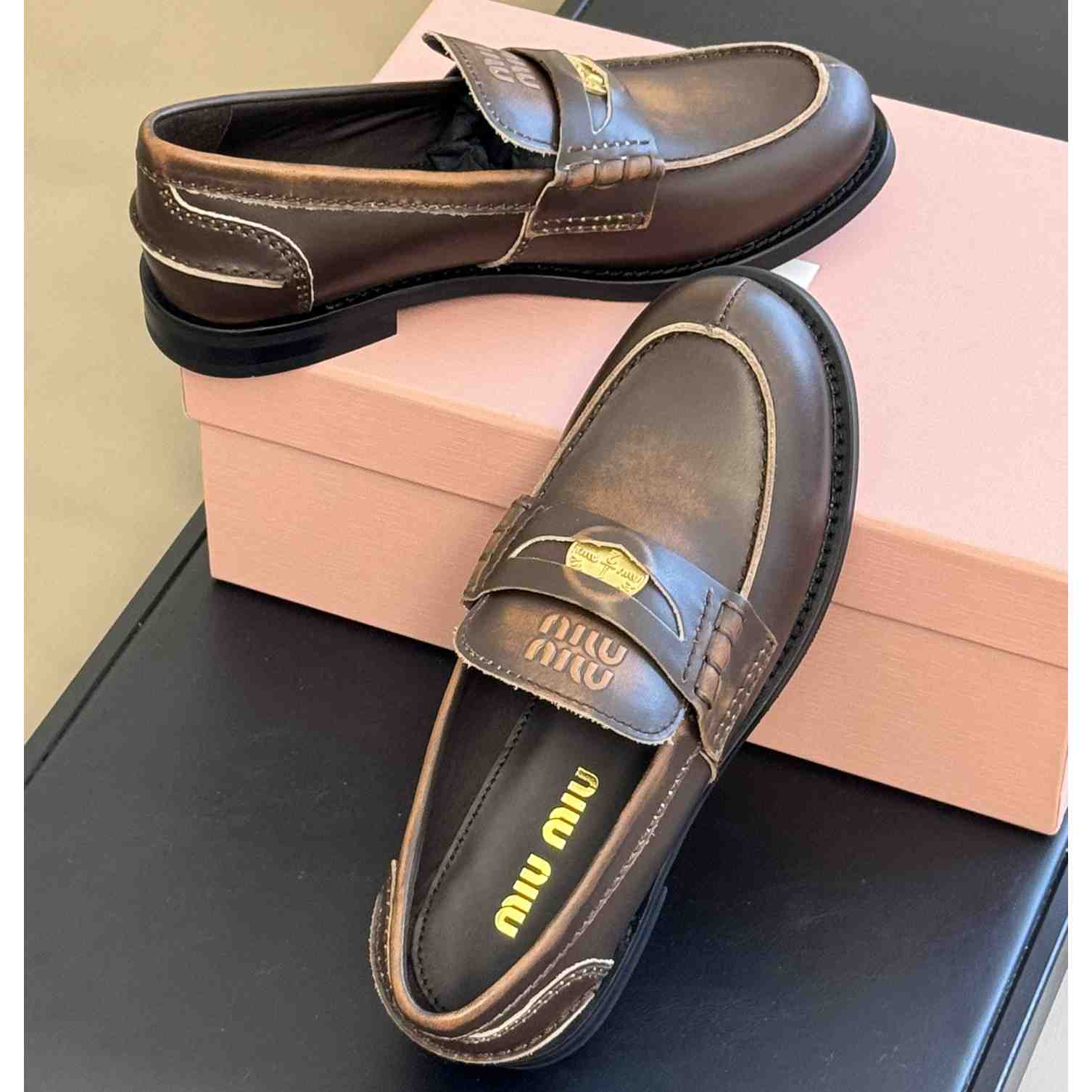 Miu Miu Vintage-effect Leather Penny Loafers - FashionPlug