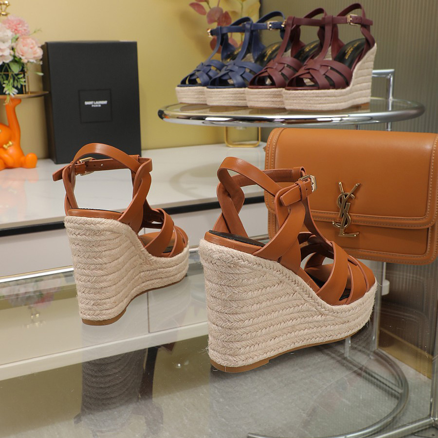 Saint Laurent T-strap Wedge Sandals - FashionPlug