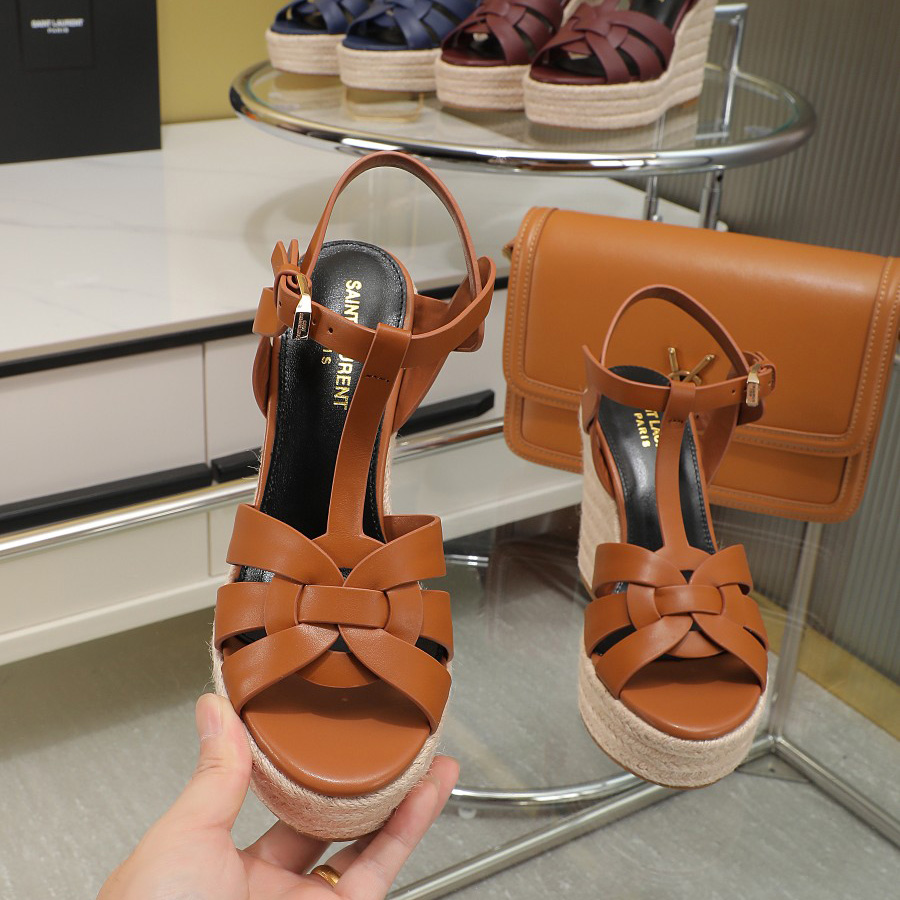 Saint Laurent T-strap Wedge Sandals - FashionPlug