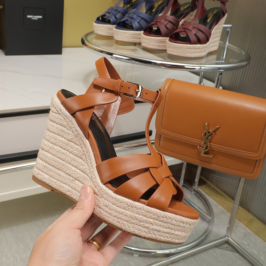 Saint Laurent T-strap Wedge Sandals - FashionPlug