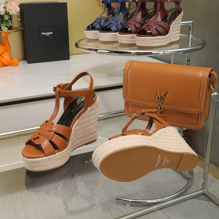 Saint Laurent T-strap Wedge Sandals - FashionPlug