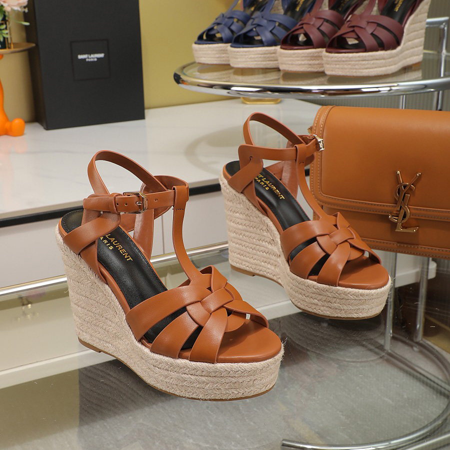 Saint Laurent T-strap Wedge Sandals - FashionPlug