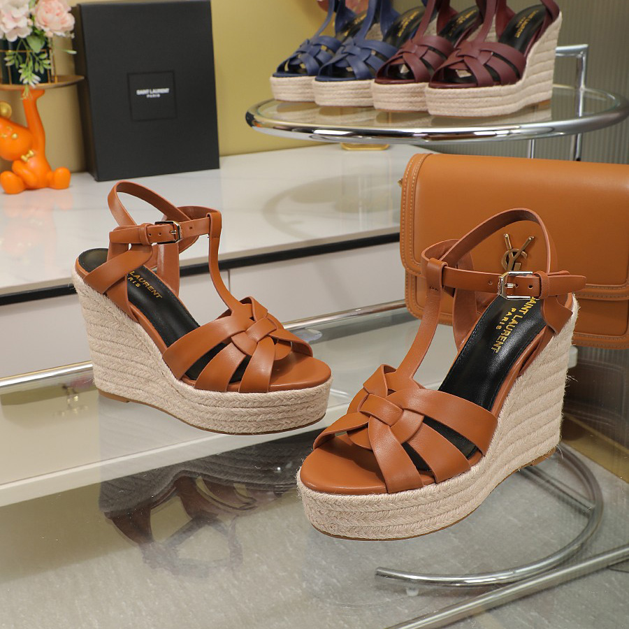 Saint Laurent T-strap Wedge Sandals - FashionPlug
