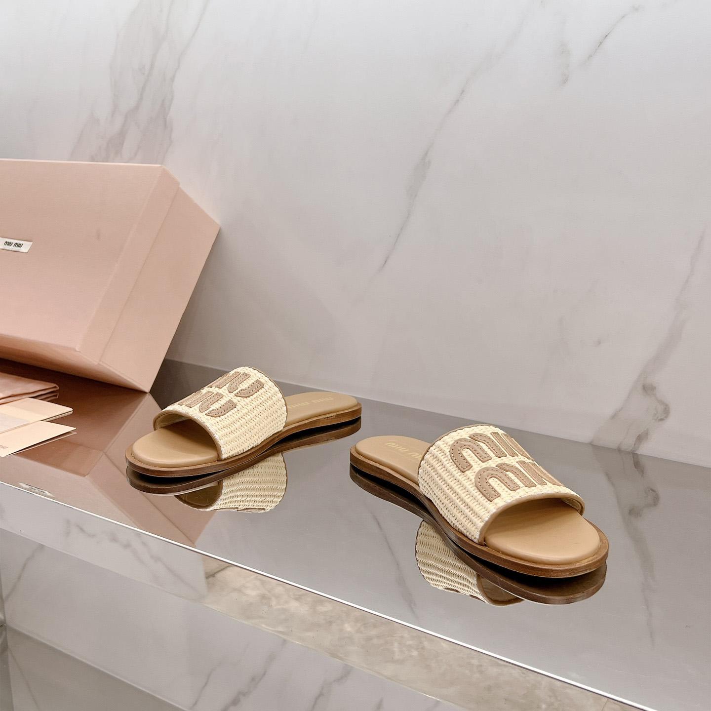Miu Miu Raffia-effect Woven Fabric Slides - FashionPlug