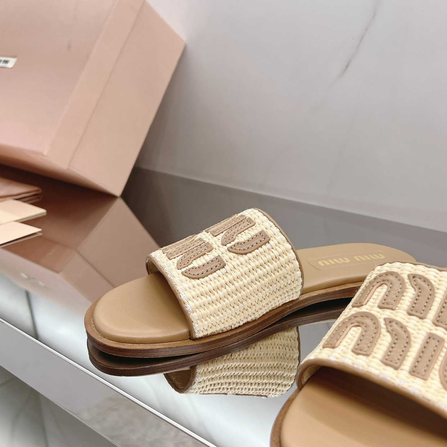Miu Miu Raffia-effect Woven Fabric Slides - FashionPlug