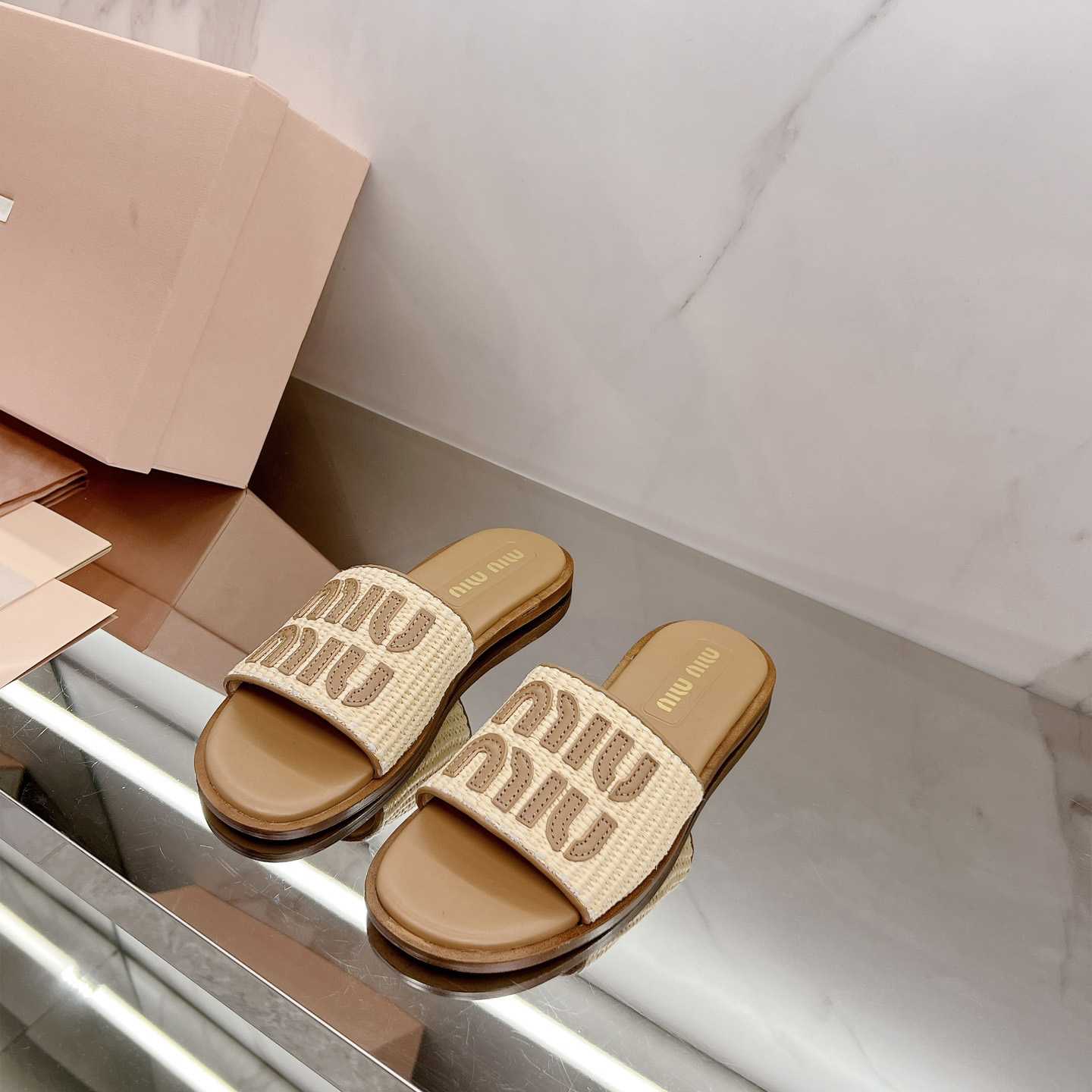 Miu Miu Raffia-effect Woven Fabric Slides - FashionPlug