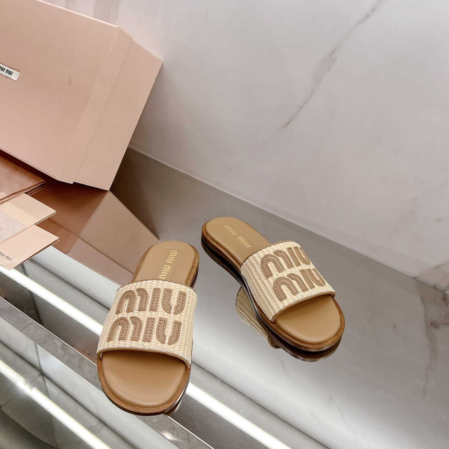 Miu Miu Raffia-effect Woven Fabric Slides - FashionPlug