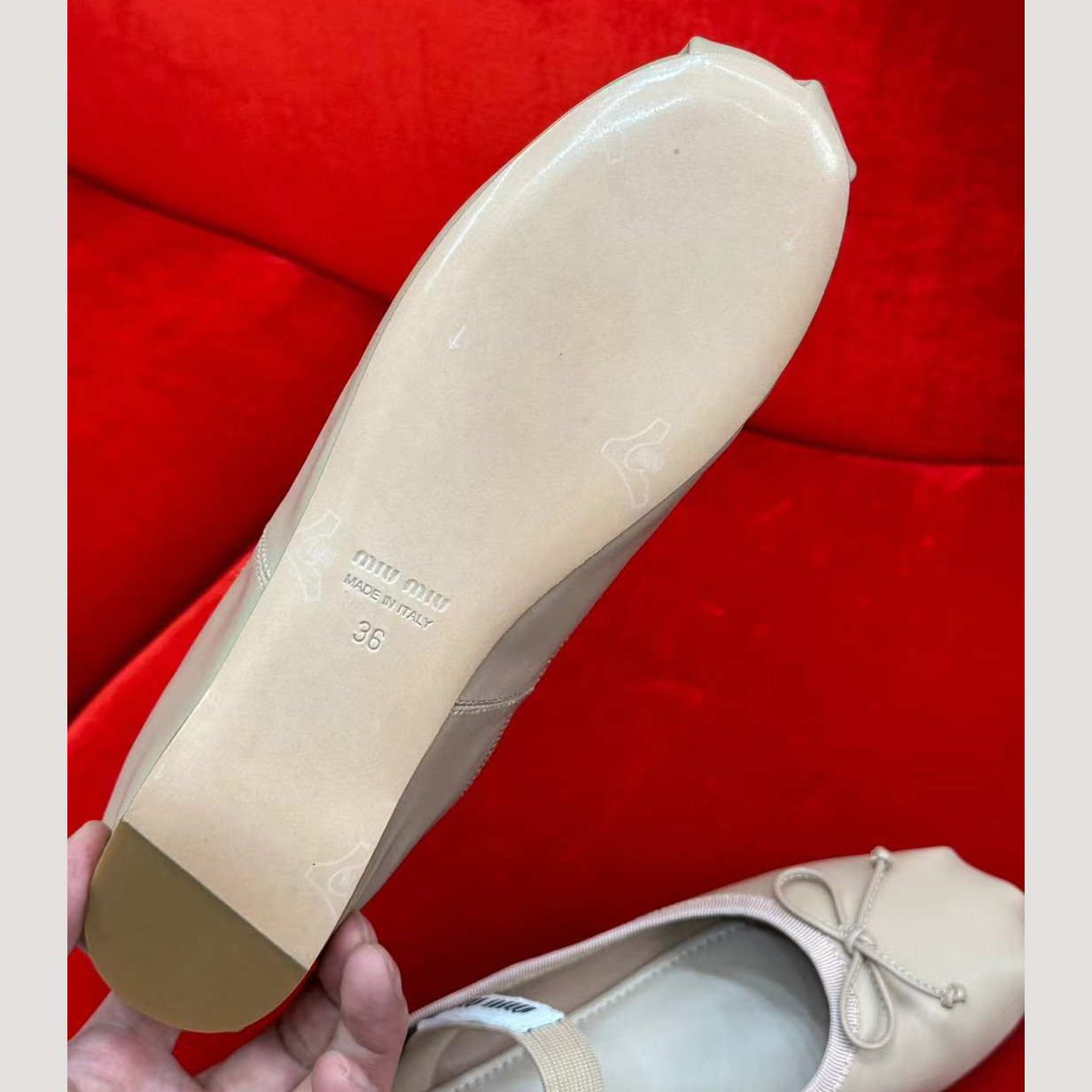 Miu Miu Leather Bow Ballerina Flats - FashionPlug
