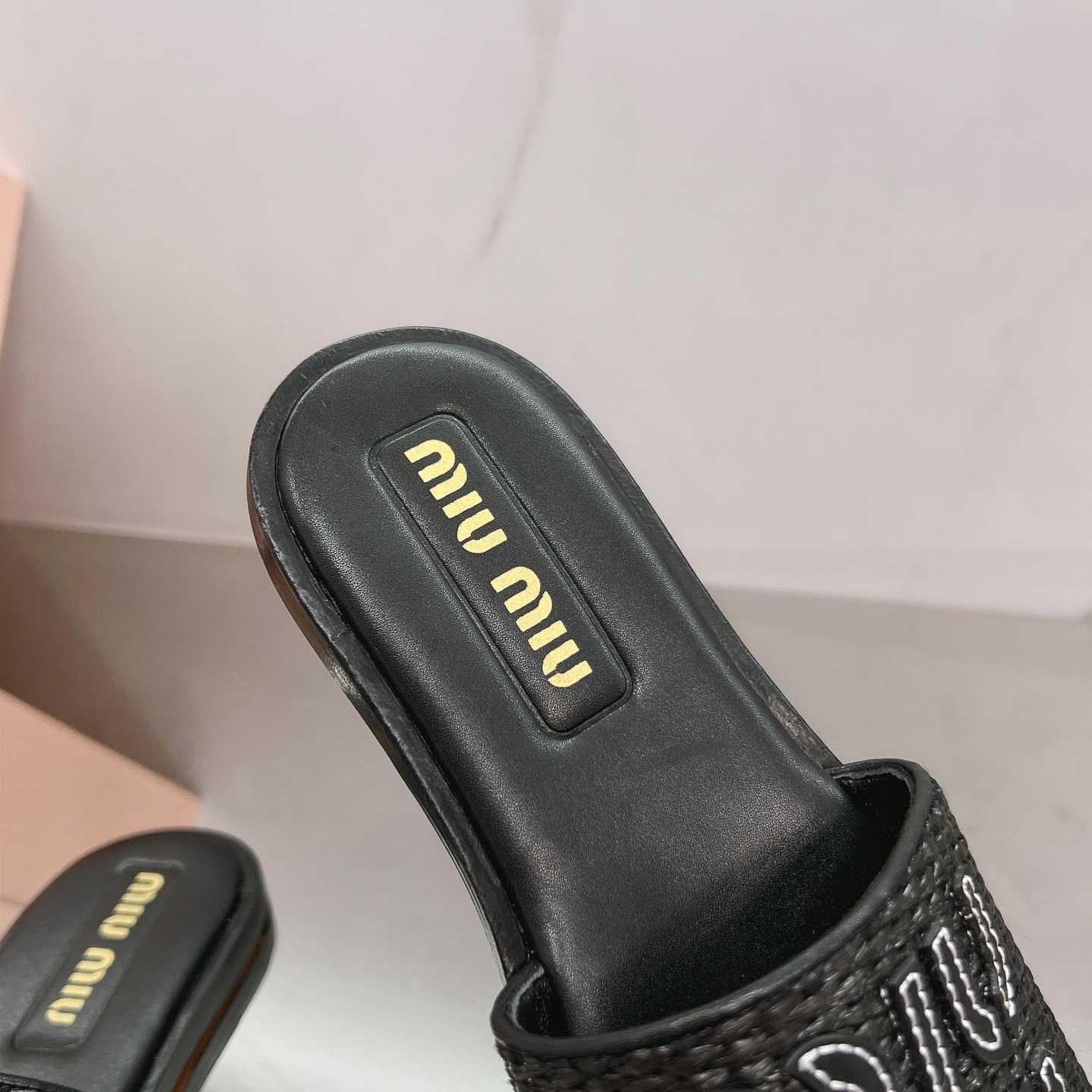 Miu Miu Raffia-effect Woven Fabric Slides - FashionPlug