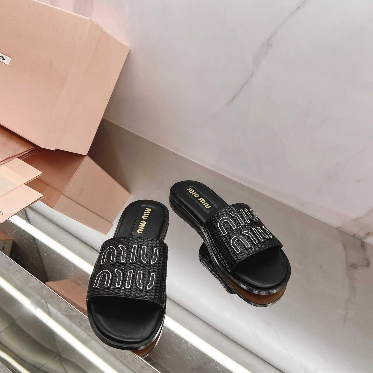 Miu Miu Raffia-effect Woven Fabric Slides - FashionPlug