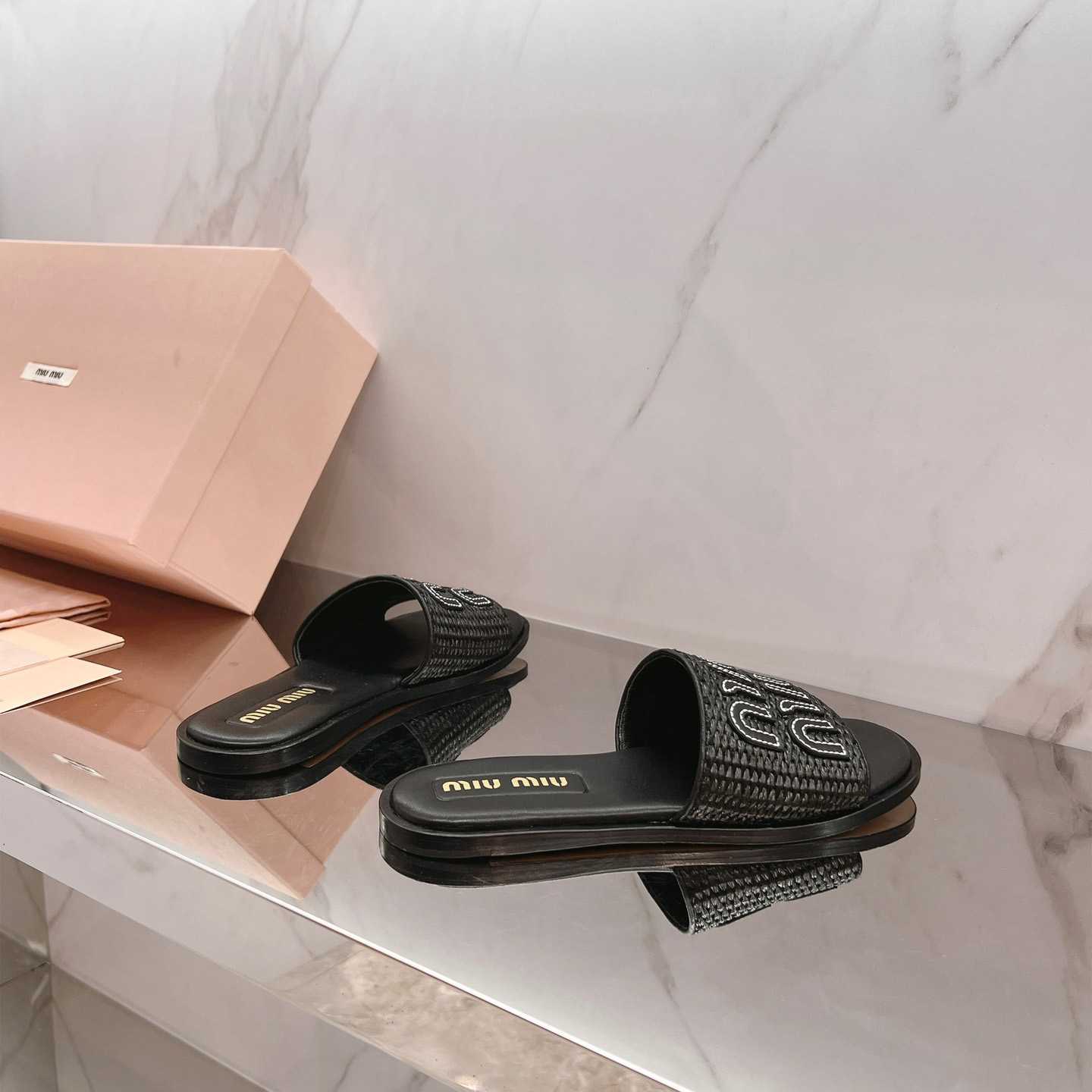 Miu Miu Raffia-effect Woven Fabric Slides - FashionPlug