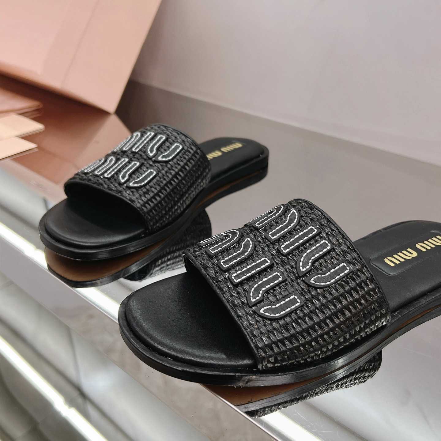 Miu Miu Raffia-effect Woven Fabric Slides - FashionPlug