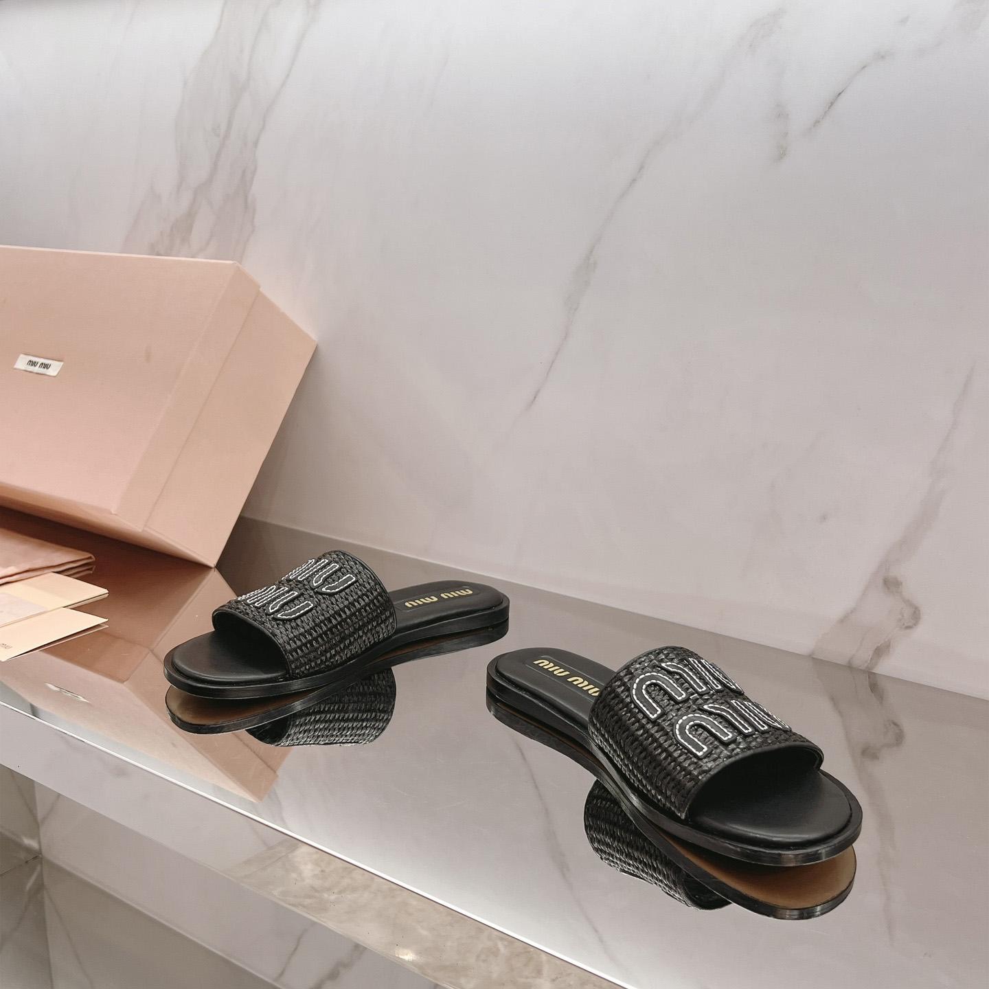 Miu Miu Raffia-effect Woven Fabric Slides - FashionPlug