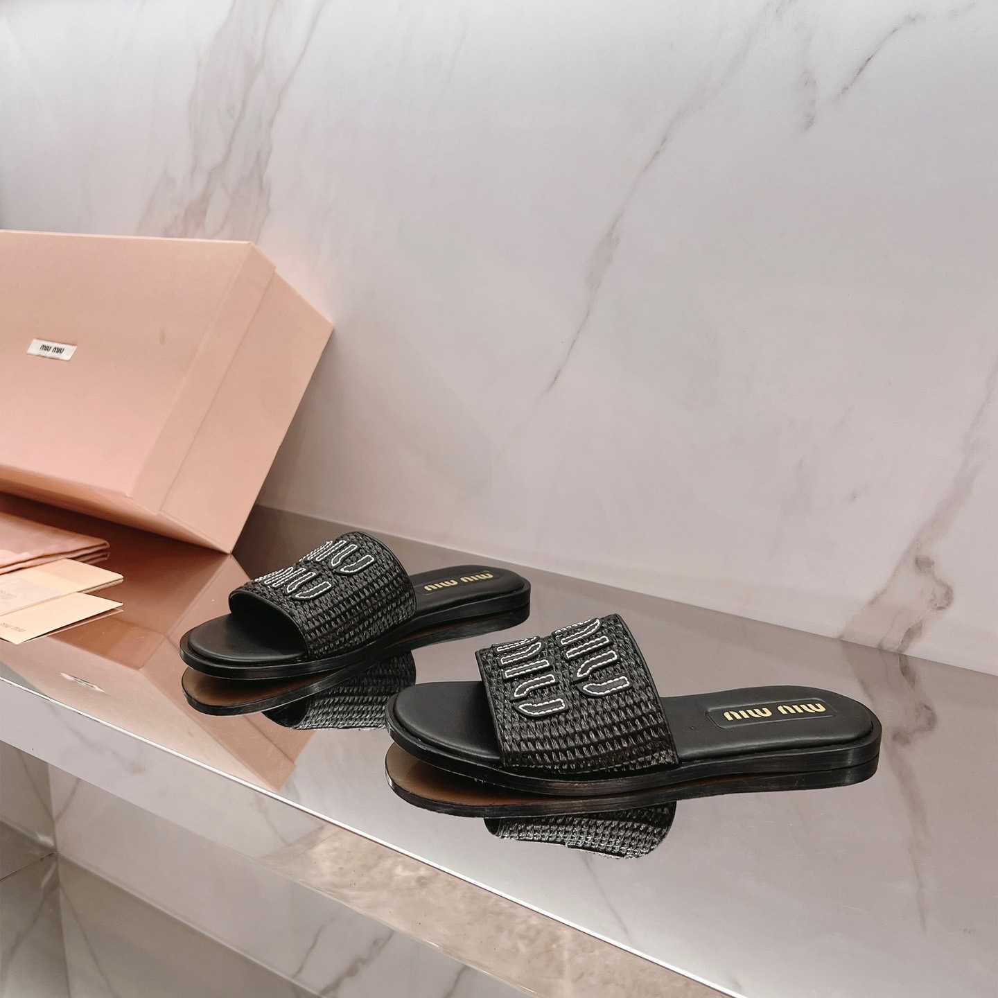 Miu Miu Raffia-effect Woven Fabric Slides - FashionPlug