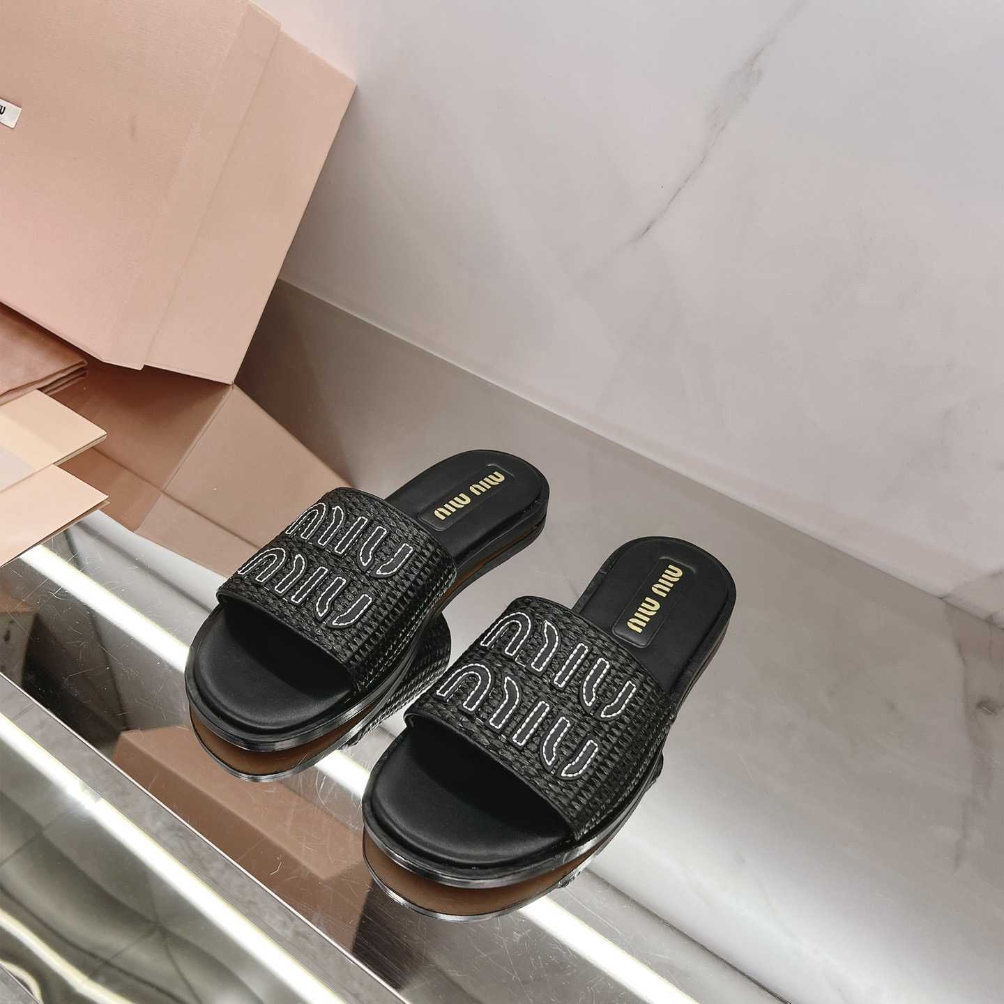 Miu Miu Raffia-effect Woven Fabric Slides - FashionPlug
