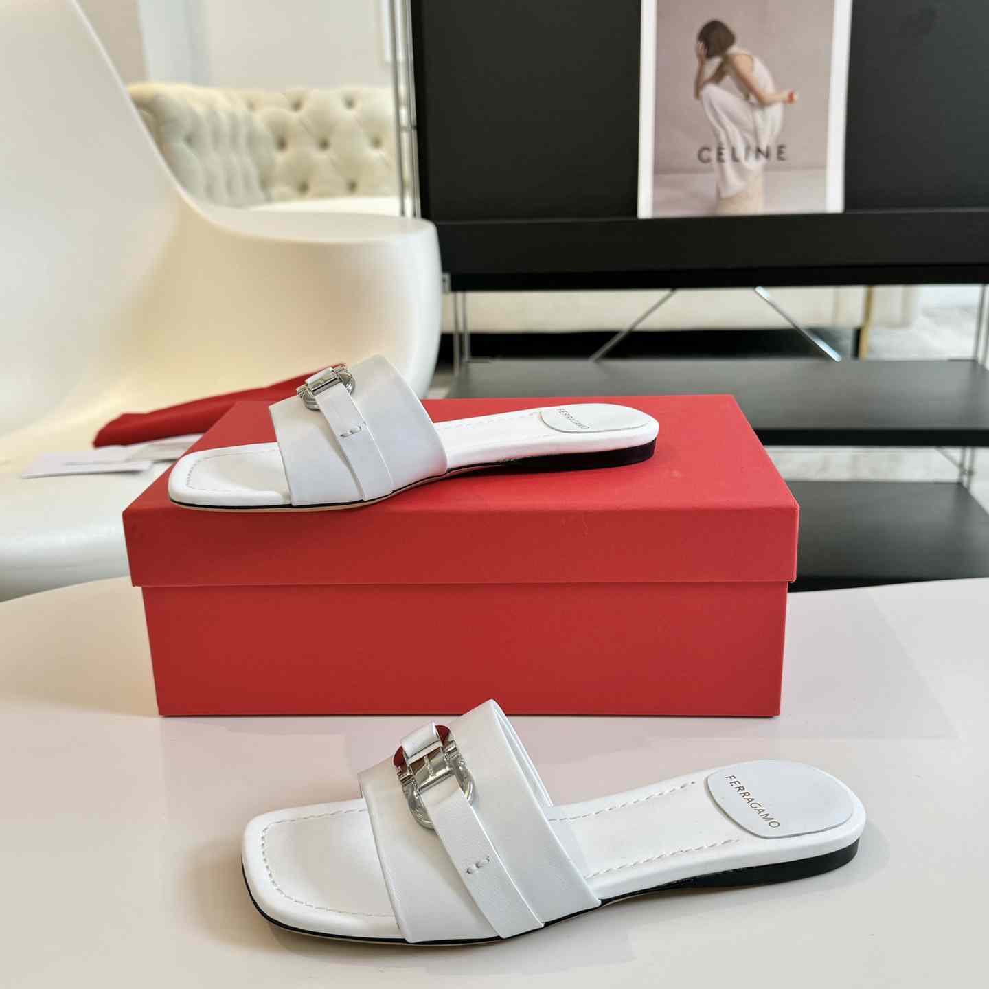 Ferragamo Women's White Flat Slide With Gancini Ornament - FashionPlug