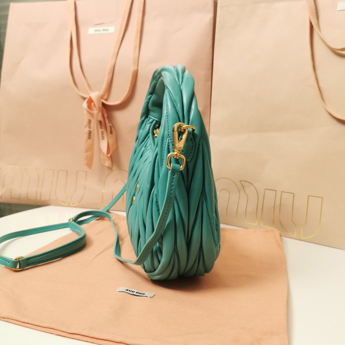 Miu Miu Wander Matelassé Nappa Leather Hobo Bag (23X13X7cm) - FashionPlug