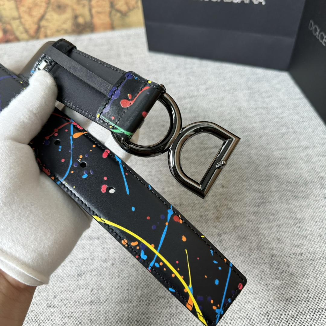 Dolce & Gabbana Paint Splatter Logo Buckle Leather Belt - FashionPlug