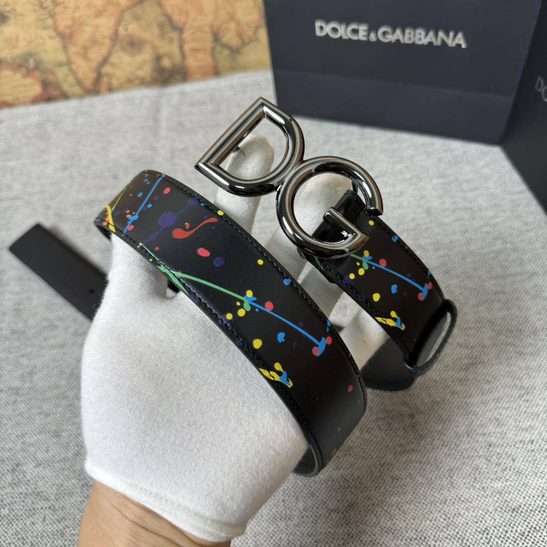 Dolce & Gabbana Paint Splatter Logo Buckle Leather Belt - FashionPlug