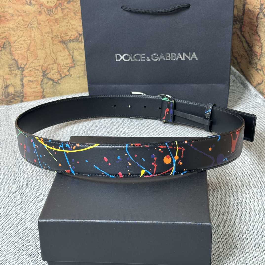 Dolce & Gabbana Paint Splatter Logo Buckle Leather Belt - FashionPlug