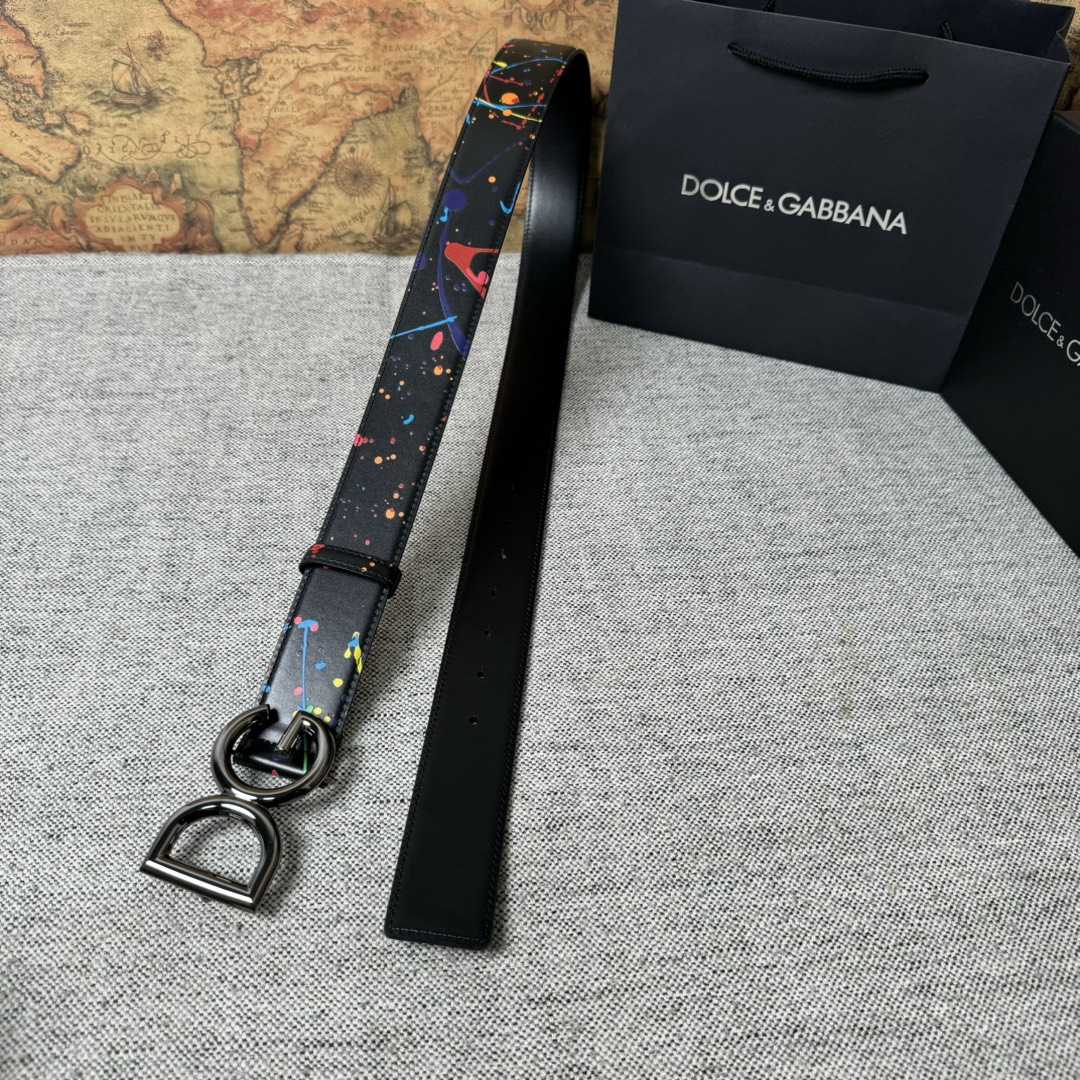 Dolce & Gabbana Paint Splatter Logo Buckle Leather Belt - FashionPlug