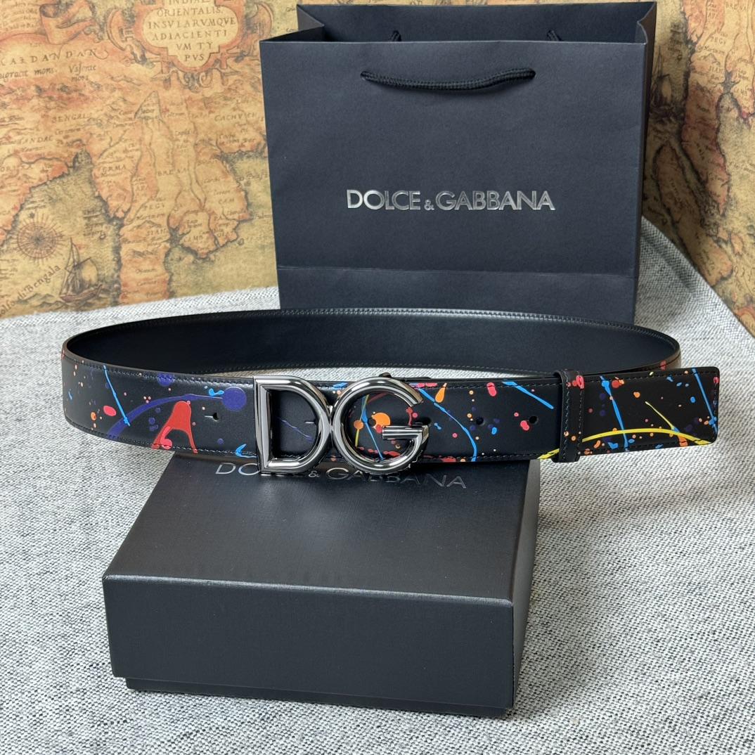 Dolce & Gabbana Paint Splatter Logo Buckle Leather Belt - FashionPlug