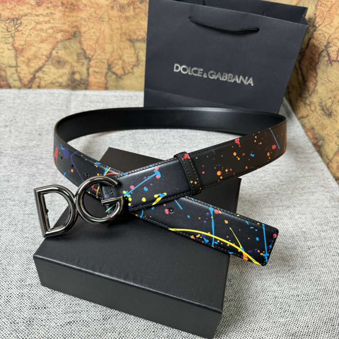 Dolce & Gabbana Paint Splatter Logo Buckle Leather Belt - FashionPlug
