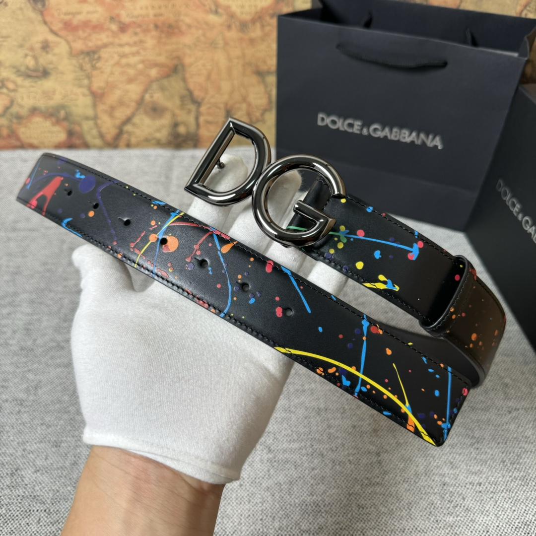 Dolce & Gabbana Paint Splatter Logo Buckle Leather Belt - FashionPlug