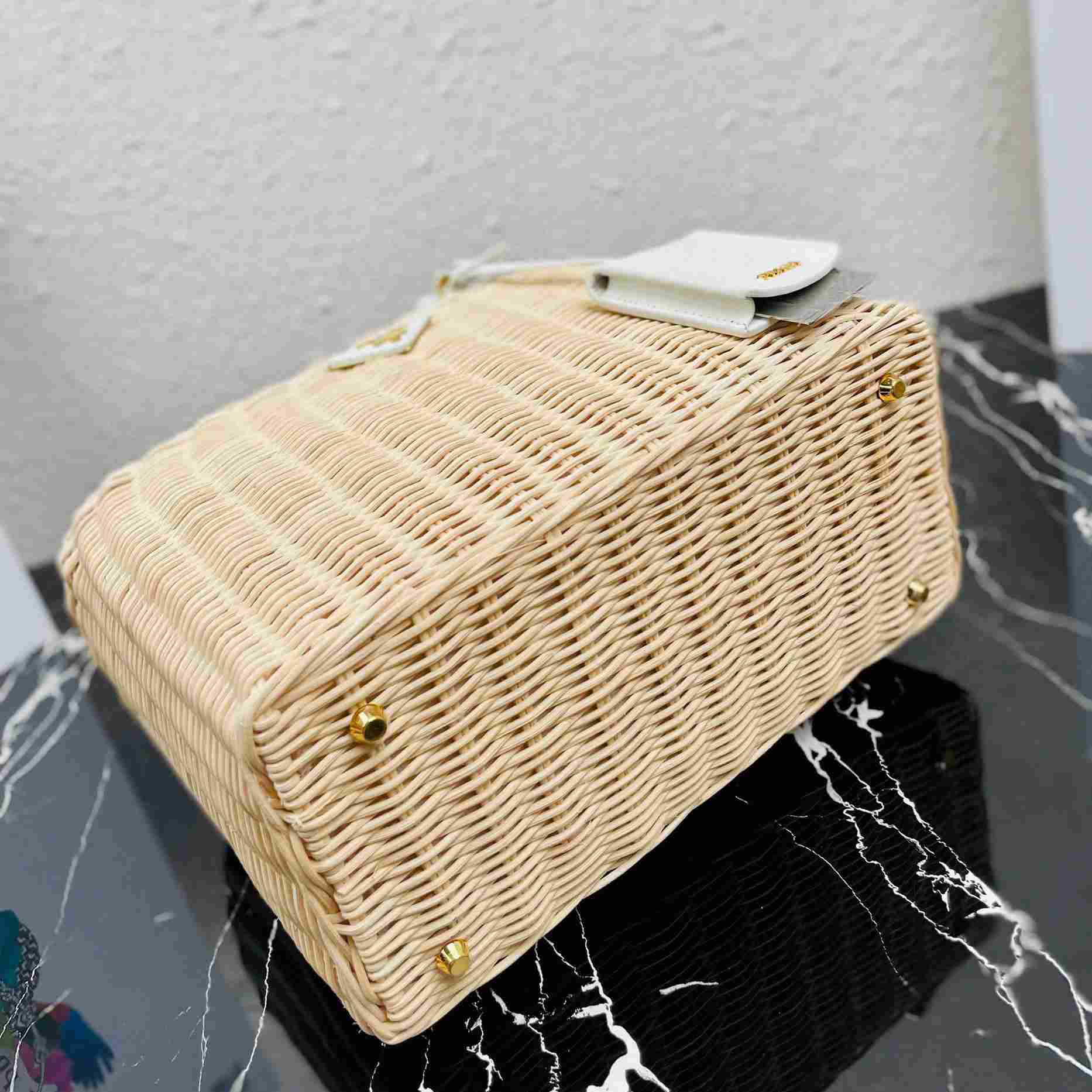 Prada Medium Wicker And Linen Blend Tote Bag (26-18-11.5cm) - FashionPlug