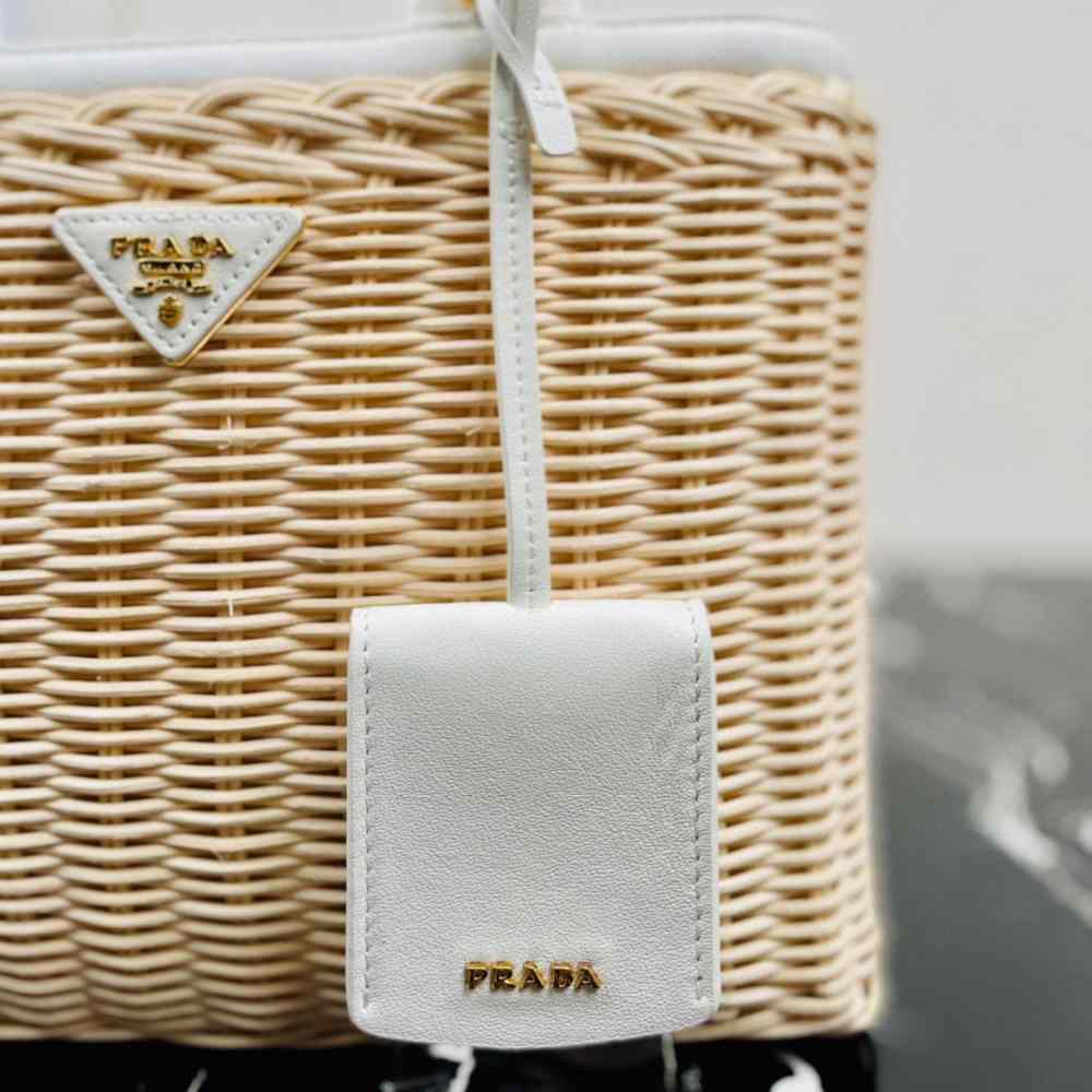 Prada Medium Wicker And Linen Blend Tote Bag (26-18-11.5cm) - FashionPlug
