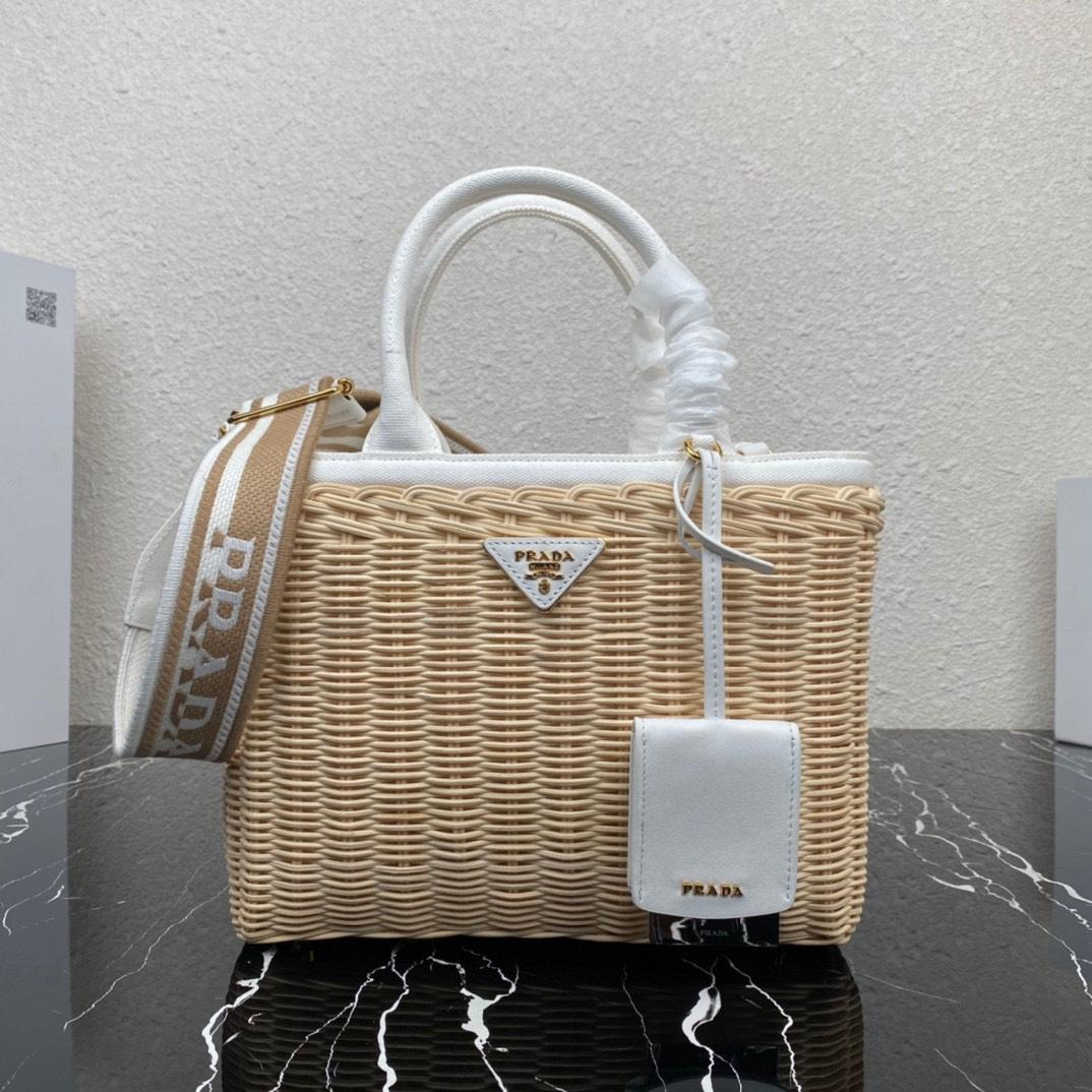 Prada Medium Wicker And Linen Blend Tote Bag (26-18-11.5cm) - FashionPlug