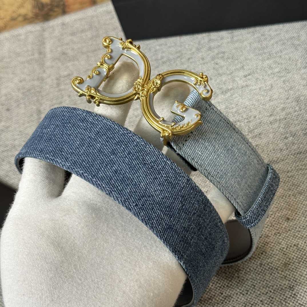 Dolce & Gabbana Denim Patchwork Belt With Baroque DG Buckle - FashionPlug