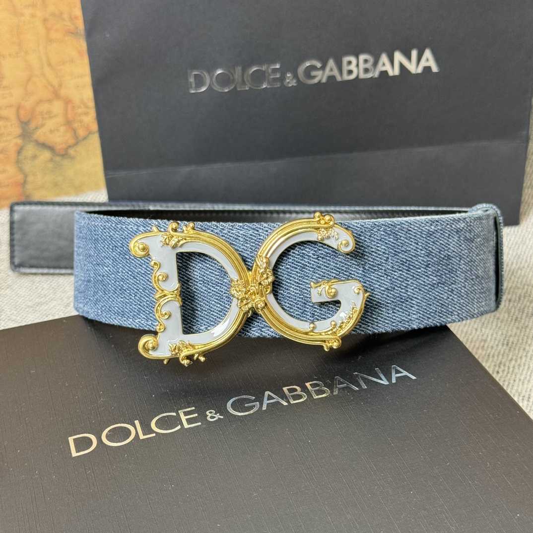 Dolce & Gabbana Denim Patchwork Belt With Baroque DG Buckle - FashionPlug