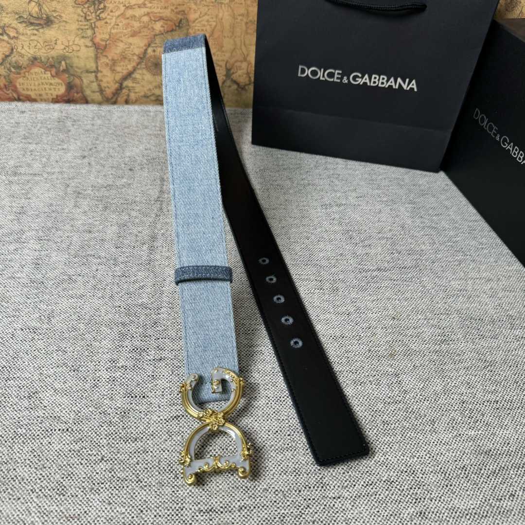 Dolce & Gabbana Denim Patchwork Belt With Baroque DG Buckle - FashionPlug