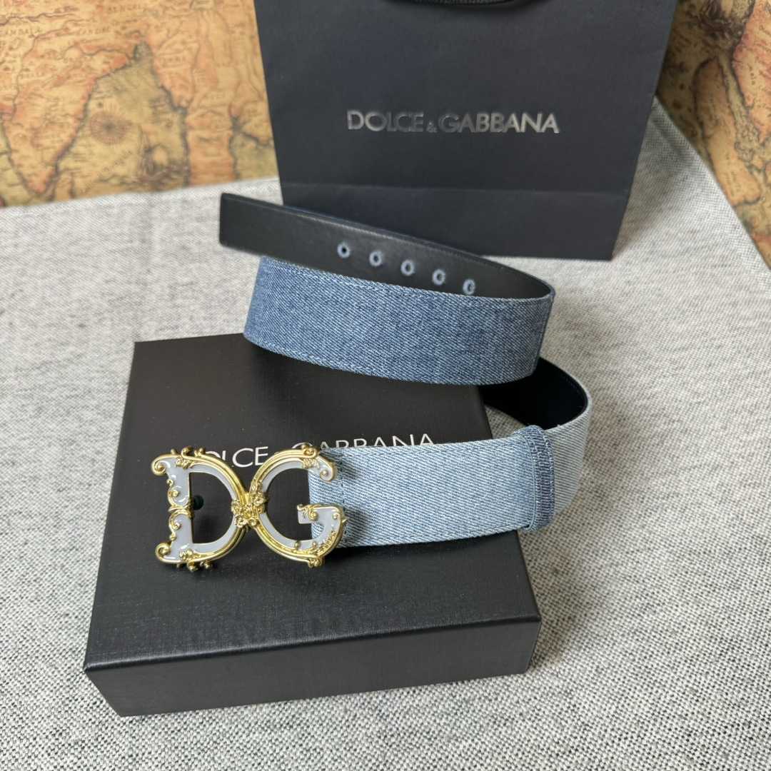 Dolce & Gabbana Denim Patchwork Belt With Baroque DG Buckle - FashionPlug