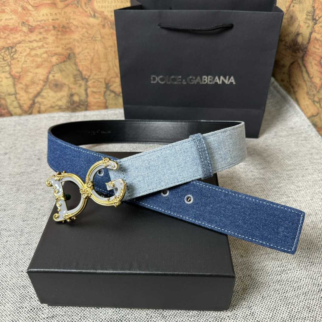 Dolce & Gabbana Denim Patchwork Belt With Baroque DG Buckle - FashionPlug