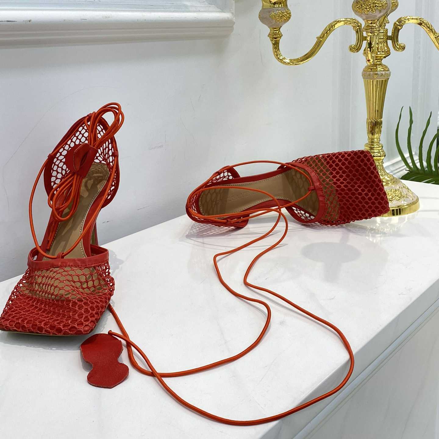 Bottega Veneta Red Mesh Square Toe Ankle Wrap Sandals - FashionPlug