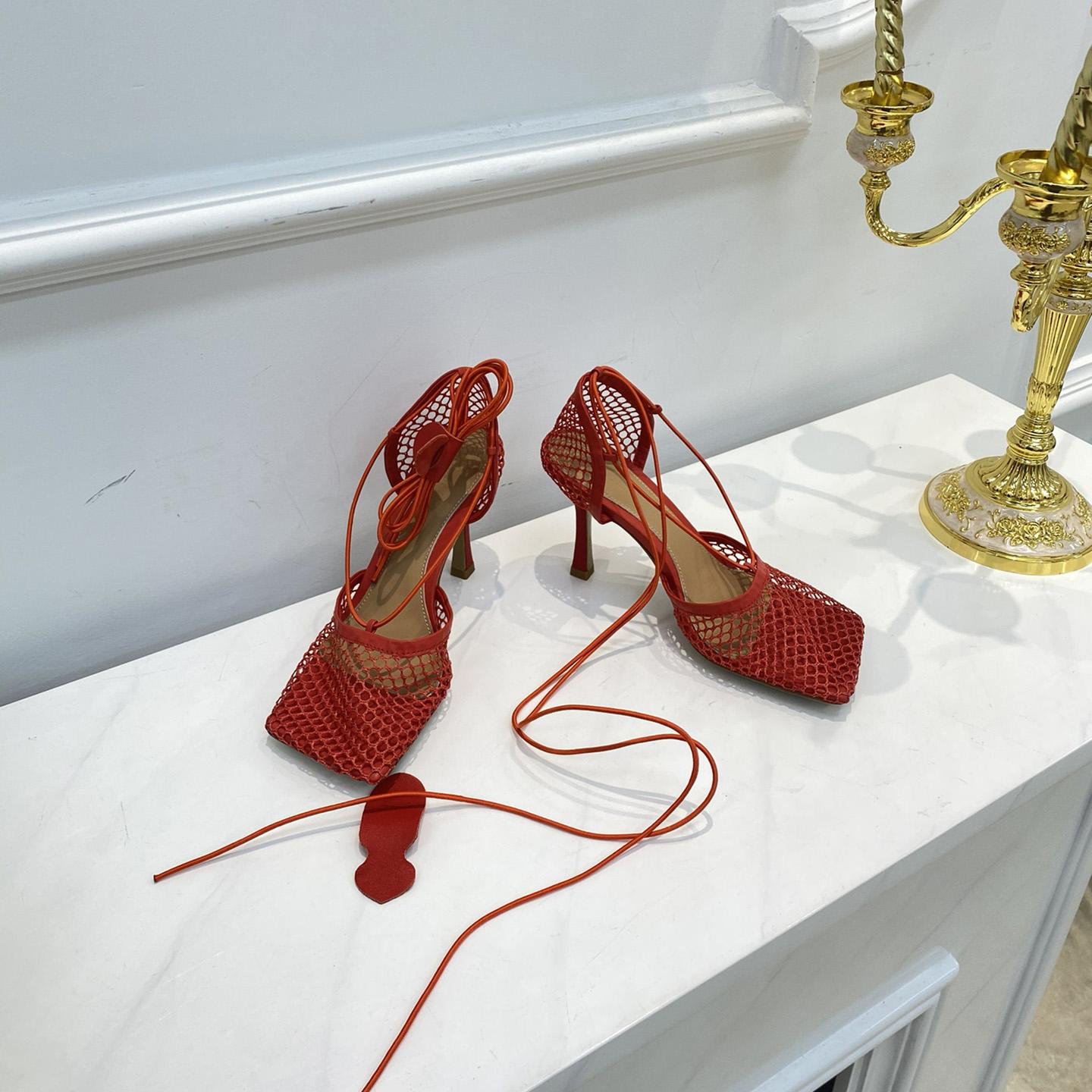 Bottega Veneta Red Mesh Square Toe Ankle Wrap Sandals - FashionPlug