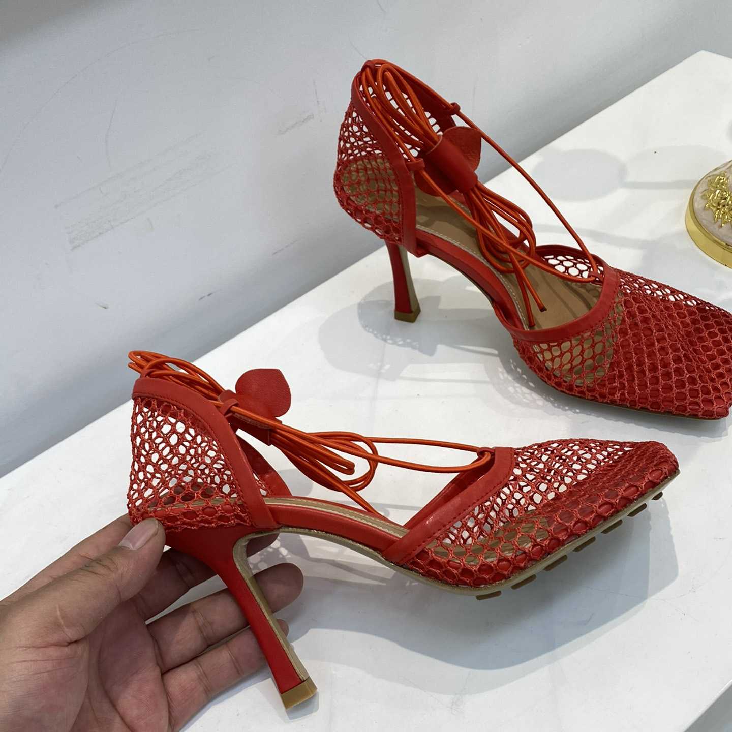 Bottega Veneta Red Mesh Square Toe Ankle Wrap Sandals - FashionPlug